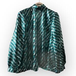 Vintage Handmade Striped Sequin Blouse, Size XXL, Teal